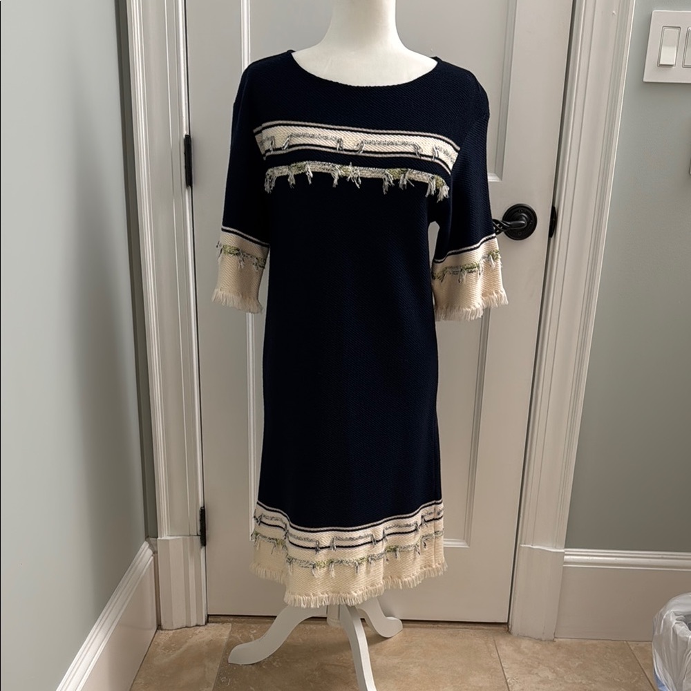 St. John Blue and Cream Sheath Midi Dress Casual Crew Neck Short Sleeve